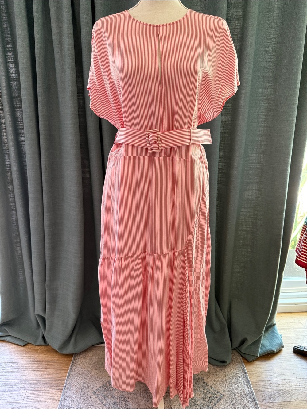 Nordstrom Coral-Pink Pleated Maxi Dress with Matching Belt